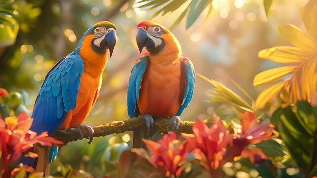 Tropical exotic with two macaws and flowers in bright colors and lush, Beautiful colorful two parrot in the rain forest, wildlife and nature concept	