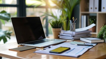 Laptop, Smartphone, and Documents on a Wooden Desk
