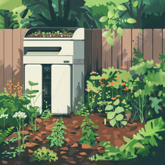 Fototapeta premium Vertical garden with vegetables and flowers in a backyard, featuring a modern composting machine amidst lush greenery