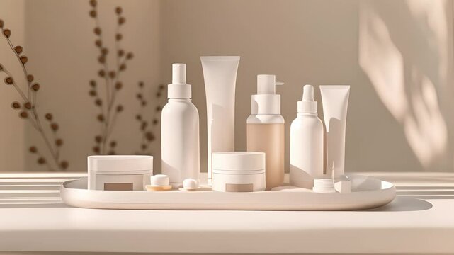 Mock up cosmetics packaging, Set of different cosmetic bottles of cream or serum on a ceramic tray, Blank packaging	
