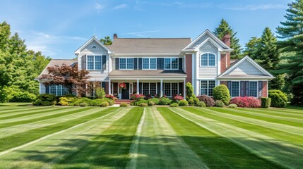 Suburban Colonial home with an expansive front lawn, ideal for family gatherings and summer barbecues