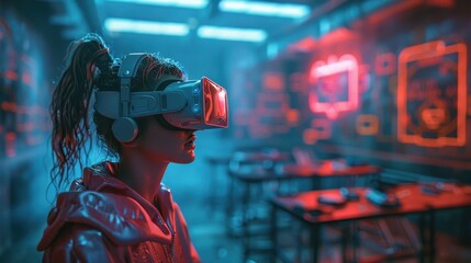 Instructor offering support during a virtual reality training session in a futuristic classroom, Cyberpunk, Neon, 3D rendering