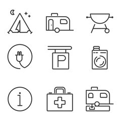 Set of thin line icons of camping, services. Outline symbol collection. Editable vector stroke