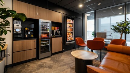 Modern Office Break Room with Leather Sofa and Coffee Machines.
