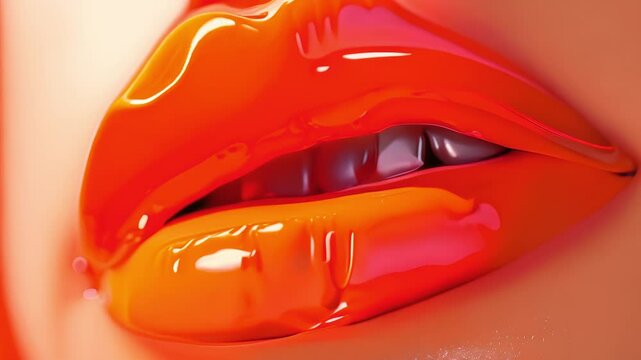Girl lips with glossy shinny orange lipstick, Close up of orange lipstick with female lips, Beauty and cosmetics	