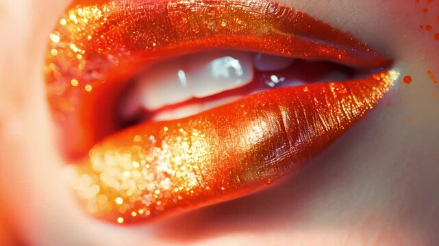 Girl lips with glossy shinny orange lipstick, Close up of orange lipstick with female lips, Beauty and cosmetics	