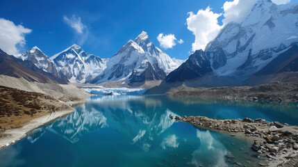 Fototapeta premium Snow-capped mountains reflecting in a pristine glacial lake under a clear blue sky