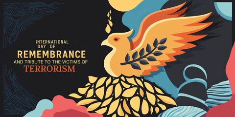 Illustration of a remembrance day tribute with a phoenix, honoring victims of terrorism with vibrant colors and text.