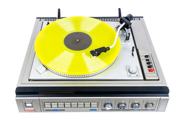 Fototapeta premium Vintage turntable record player with yellow vinyl isolated on white background.