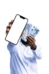 Black person holding Icelandic króna notes and pointing phone with blank screen to the camera. Hand holding Iceland currency notes, 3d rendered money
