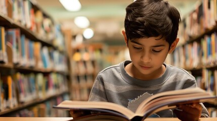 Little boy engrossed in reading at a library, Child Reading, quiet and studious atmosphere