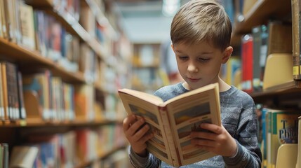 Little boy engrossed in reading at a library, Child Reading, quiet and studious atmosphere