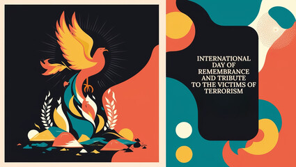 Obraz premium An illustration highlighting the International Day of Remembrance and Tribute to the Victims of Terrorism with a stylized dove and memorial symbols.