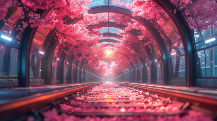 Obraz premium Train Station in Japan with cherry blossom trees