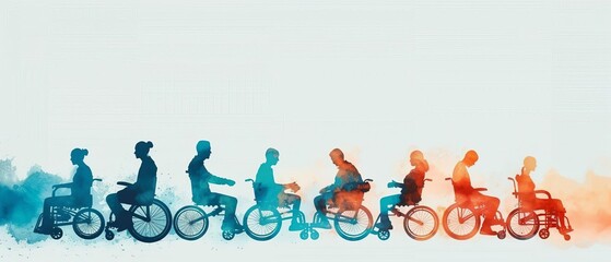 Fototapeta premium Silhouettes of diverse individuals in wheelchairs with colorful backgrounds, symbolizing inclusivity and mobility.
