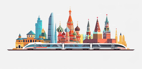 High-Speed Train Passing Iconic World Landmarks Vector Illustration