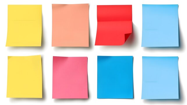 8 colorful sticky notes stuck to a white wall. copy space on blank sticky notes for text