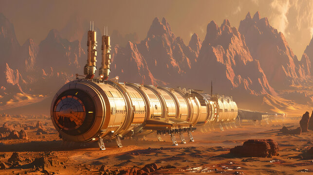 A space city or station with an expedition on the surface of Mars or  unknown planet. AI Generated