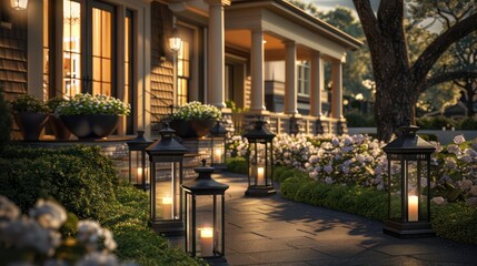Fototapeta premium Suburban Colonial home with a series of outdoor lanterns that light up the walkway, creating a warm, welcoming path to the front door