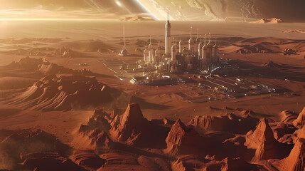 Obraz premium A space city or station with an expedition on the surface of Mars or unknown planet. AI Generated