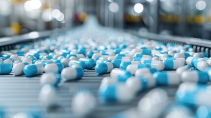 Fototapeta premium The image shows blue and white capsules being transported on a conveyor belt within a brightly lit pharmaceutical factory environment emphasizing mass production.