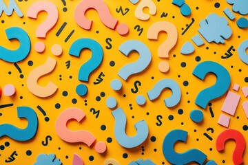 Many colorful question marks are scattered on a yellow background with black and white doodles
