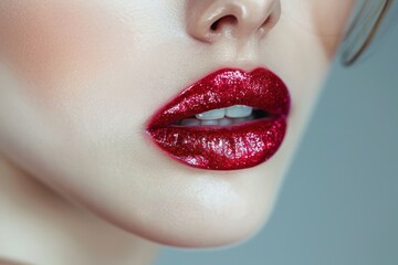 A woman's lips are shown close-up, with red glitter lipstick