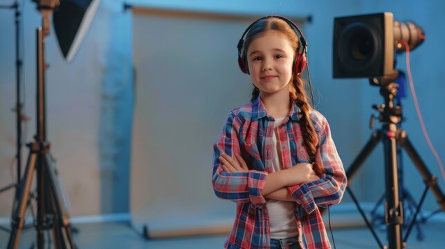 Young Actress Posing With Headphones on a Film Set