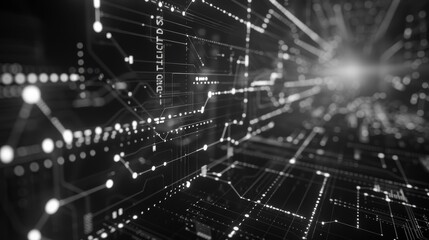 Fototapeta premium Abstract black and white digital network background with connected lines and dots, representing data transfer and technology concepts.