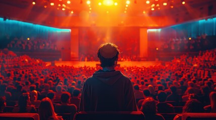 Teacher providing life advice during a motivational seminar in a large lecture hall, Contemporary, Bright Colors, Digital Art
