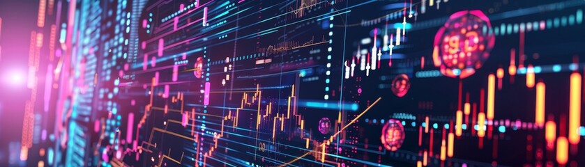 Obraz premium Abstract digital data visualization with colorful graphs and charts depicting financial growth and technological trends on a virtual screen.