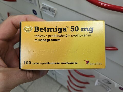 Prague, Czech Republic - July 10 2024: BETMIGA box of medication with MIRABEGRON active substance by ASTELLAS, used for treatment of overactive bladder and urinary incontinence.

