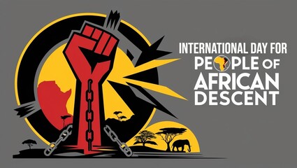 An image illustrating the International Day for People of African Descent with a raised fist and cultural symbols.