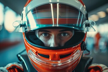 A racer wearing a helmet with a determined expression