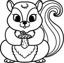Obraz premium Bold line drawing cute baby squirrel holding acorn, with editable stroke thickness for coloring page for kids. Vector illustration.