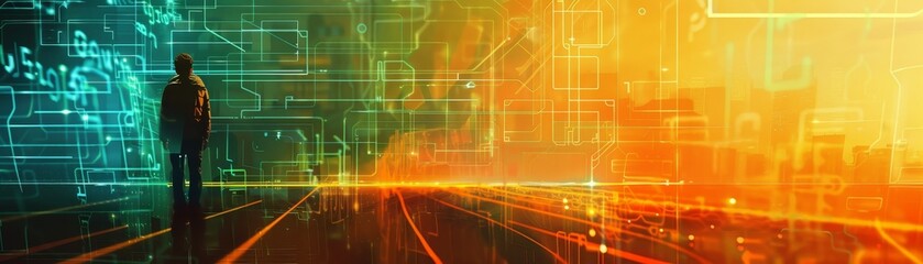 Obraz premium Futuristic cityscape with digital overlay, blending technology and urban life. Abstract, vibrant, and conceptually immersive.