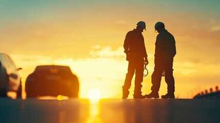 Fototapeta premium Silhouette of two workers standing on a road at sunset, discussing work near cars, emphasizing teamwork and communication.