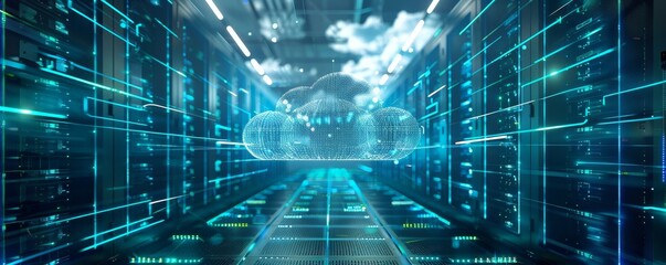 Futuristic data center with cloud technology and server racks, showcasing advanced digital infrastructure and virtual computing solutions.