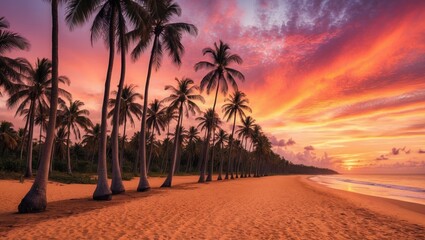 Palm Trees Line Tropical Beach at Sunset