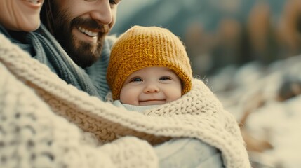 Fototapeta premium Smiling baby in yellow knit hat and cozy blanket with parents, outdoors in a beautiful nature setting.