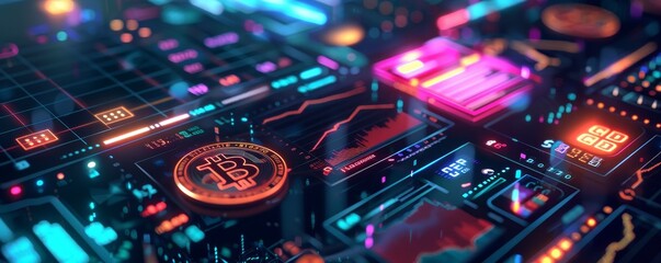 Fototapeta premium Futuristic digital cryptocurrency concept showing a Bitcoin symbol amidst a glowing electronic circuit in a vibrant cyber environment.