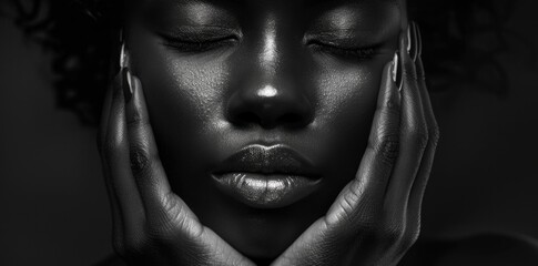 Black and white portrait of an African American woman with her hands on her face.