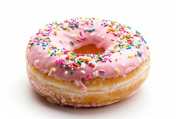 Pink frosted donut with colorful sprinkles isolated on white background