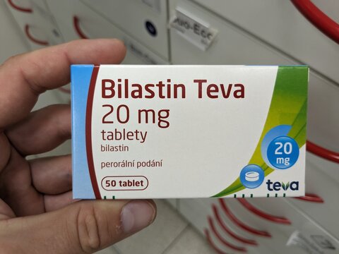Prague, Czech Republic - July 13 2024: BILASTIN TEVA tablets with BILASTINE active substance by TEVA, used for allergy relief.