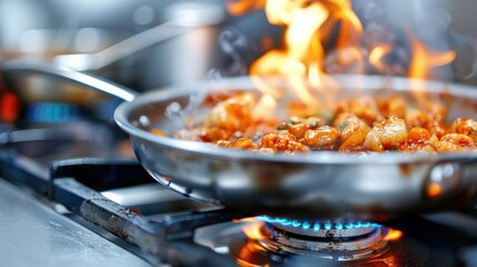 A close-up of a sizzling pan filled with shrimp and vegetables, capturing the vibrant colors and steam on a stovetop, representing the art of culinary creation.