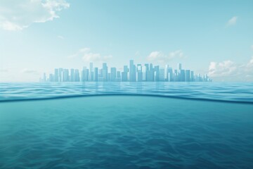 Fototapeta premium Urban Submersion, Coastal City Flooding Due to Rising Sea Levels, Climate Change and Earth Conceptual Scene of Flooding Danger