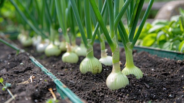 Healthy green onions growing in dark, fertile soil in a vegetable garden, showcasing their vibrant green stems and developing bulbs in neat rows.