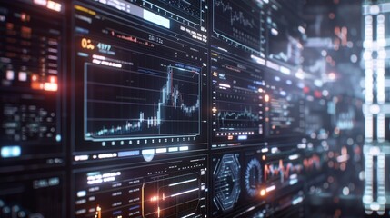 High-tech financial data display with charts and graphs on digital screens, showcasing advanced trading and market analytics.
