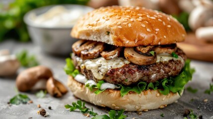 A visually appealing image of a grilled mushroom cheeseburger topped with fresh lettuce and enclosed in a sesame seed bun, highlighting the harmony of flavors in a delightful meal.