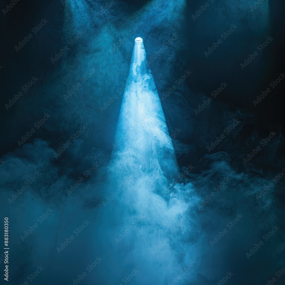 Poster a focused beam of blue light illuminating through a cloud of smoke on a dark backdrop, emulating a t